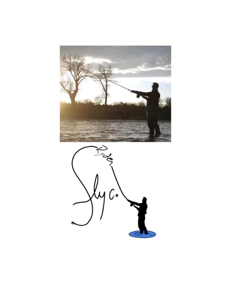 Silhouette of a person fly fishing in a river at sunset, with stylized text and logo below.