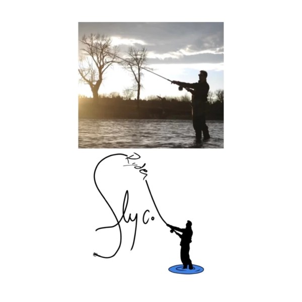 Silhouette of a person fly fishing in a river at sunset, with stylized text and logo below.