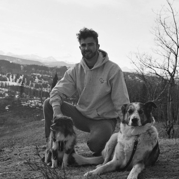 Man in hoodie kneels on hillside with two dogs, mountains in background.
