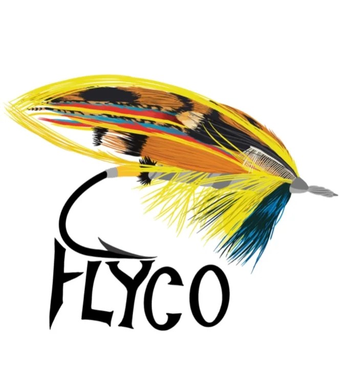 Colorful fly fishing lure illustration with the word 'FLYCO' below.