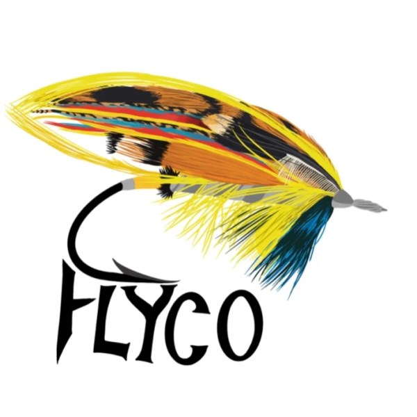 Colorful fly fishing lure illustration with the word 'FLYCO' below.