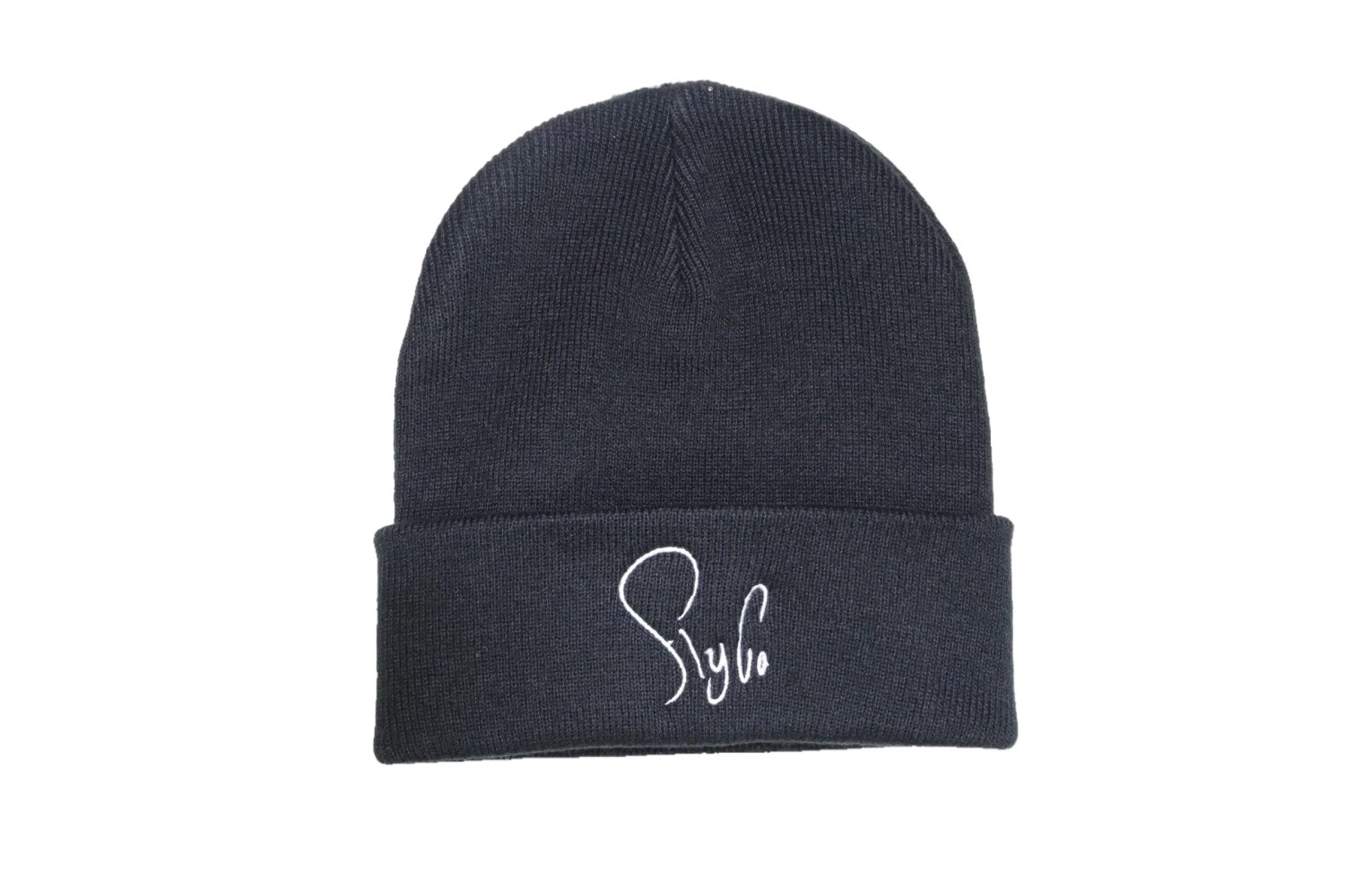 Black beanie hat with a white embroidered signature on the folded brim.