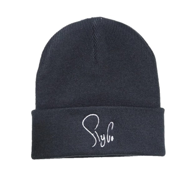 Black beanie hat with a white embroidered signature on the folded brim.