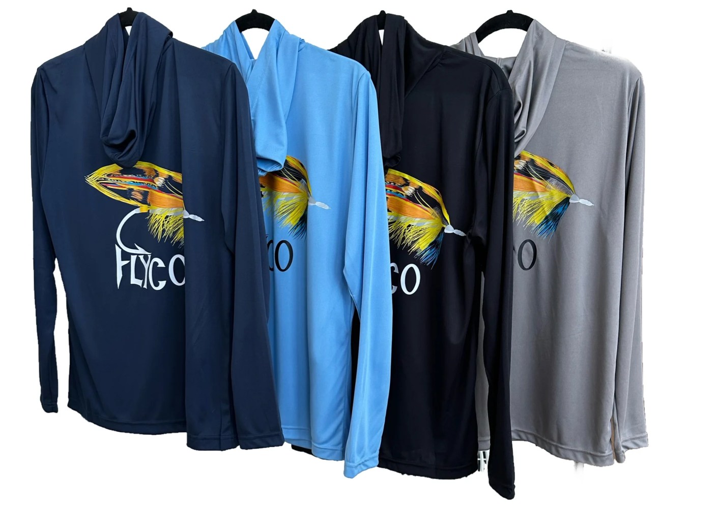 Four hoodies in navy, light blue, black, and gray with a colorful fly fishing lure design.