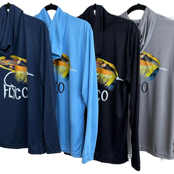 Four hoodies in navy, light blue, black, and gray with a colorful fly fishing lure design.