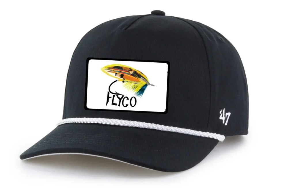 Black cap with a colorful fly fishing lure logo and the text 'FLYCO' on the front patch.