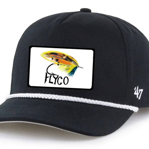 Black cap with a colorful fly fishing lure logo and the text 'FLYCO' on the front patch.