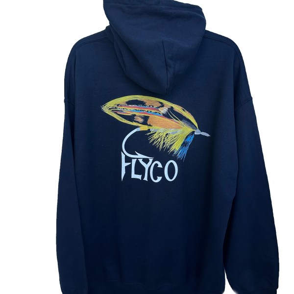 Navy hoodie with colorful fly fishing lure and 'FLYCO' text on back.