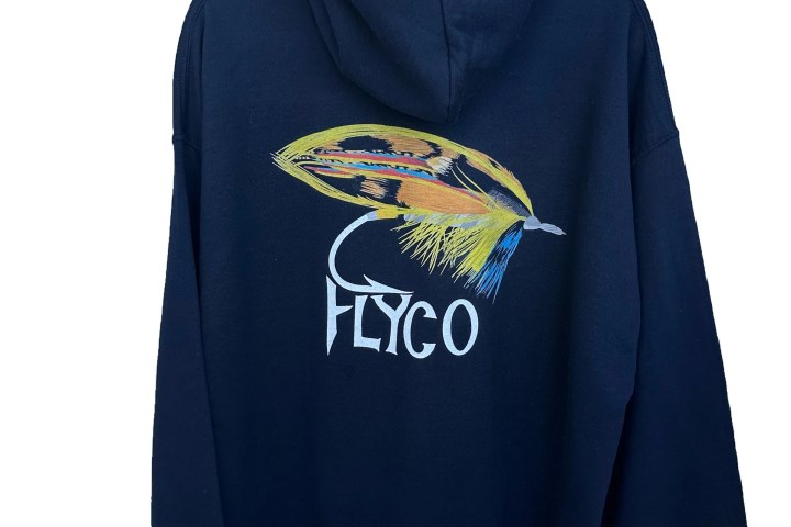 Navy hoodie with colorful fly fishing lure and 'FLYCO' text on back.