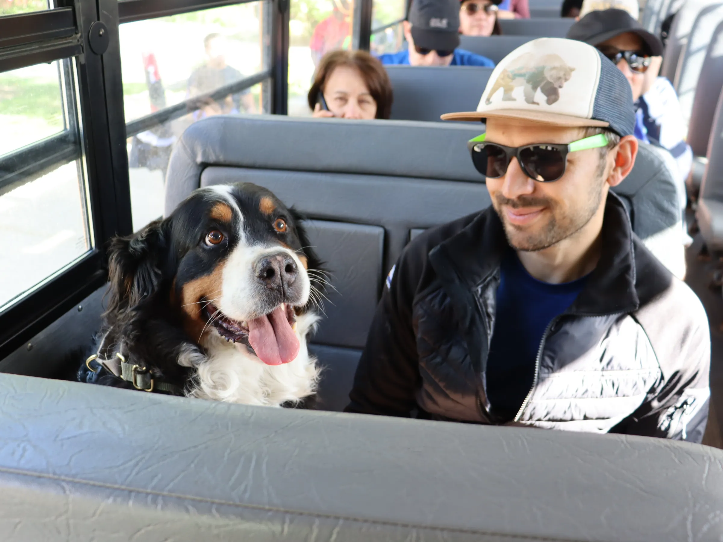 a man and a dog sitting on top of a car window