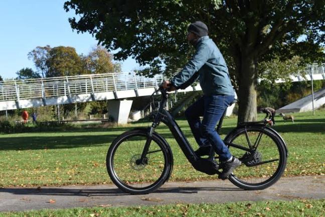 Person biking on a path in a park with trees and a bridge in the background.