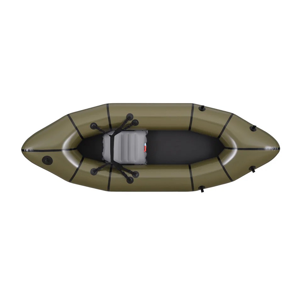 Top view of an olive green inflatable raft with a grey seat and black paddles.