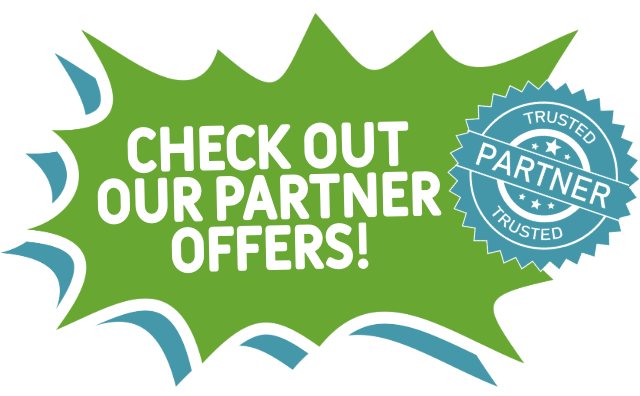 Green burst with text 'Check Out Our Partner Offers!' and blue 'Trusted Partner' badge.