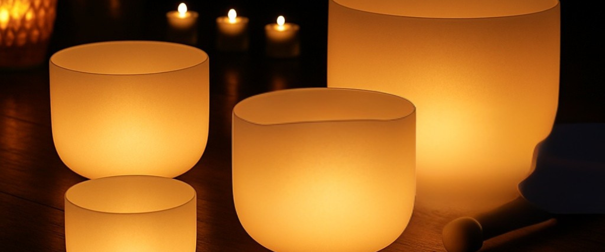 Glowing singing bowls and candles creating a warm ambiance.