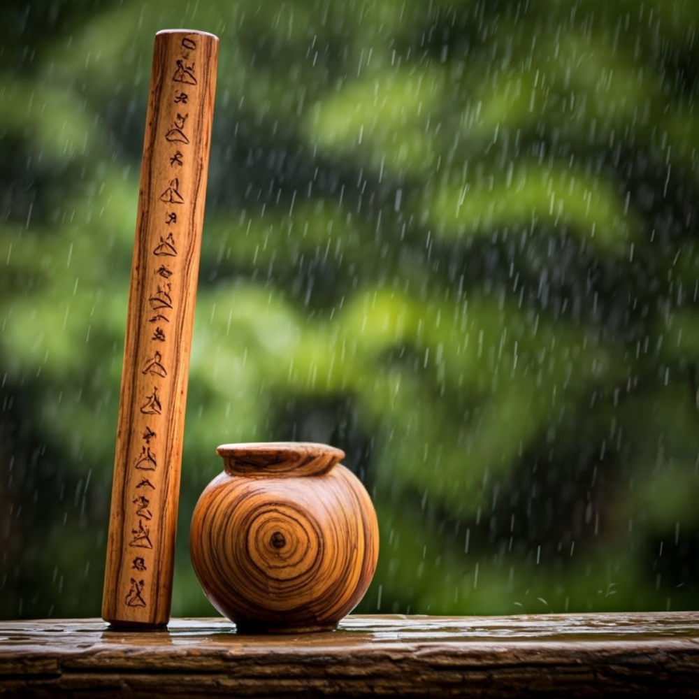Wooden rod and pot on wet surface with rain in background.