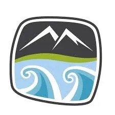 Logo with mountains, waves, and a green stripe.