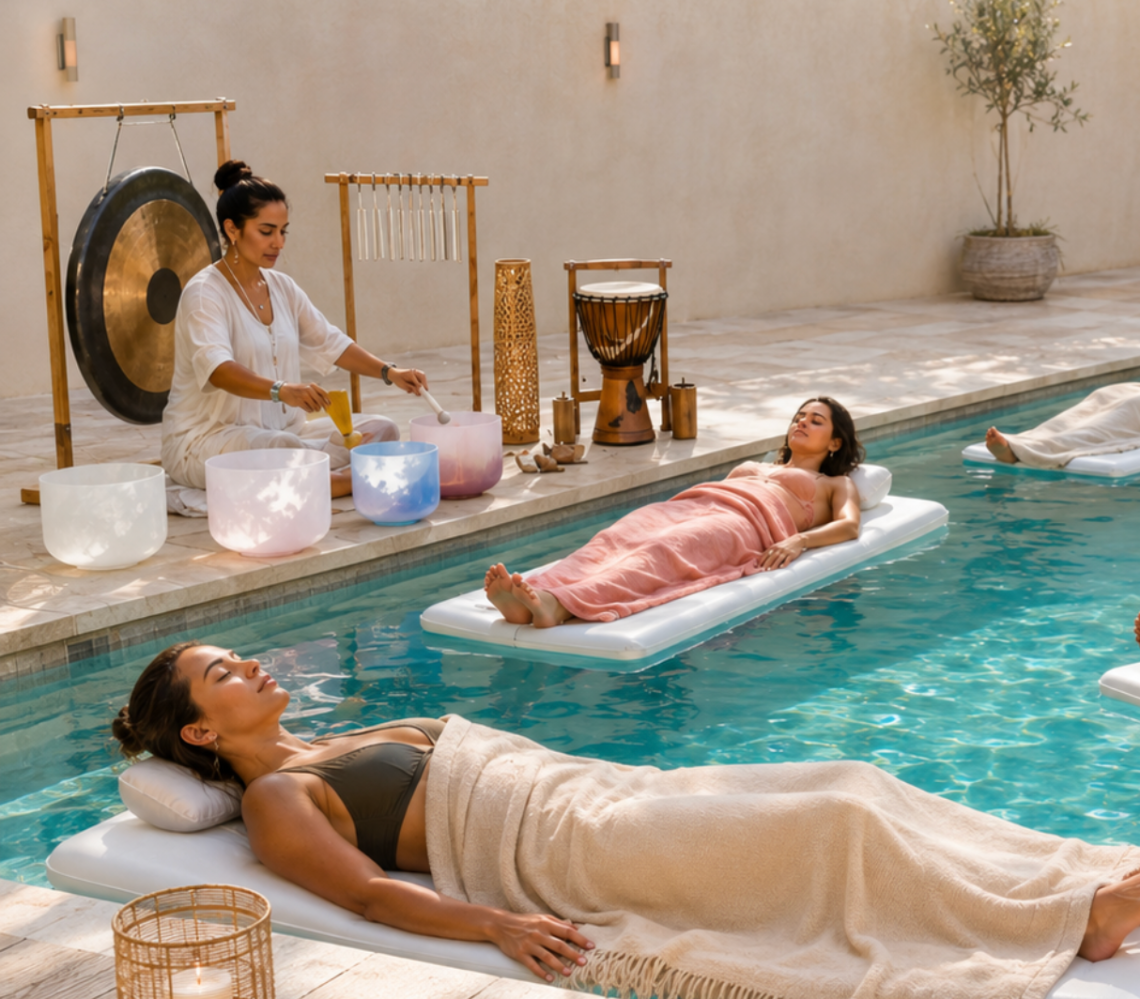 Two women on pool floats relax during sound therapy session beside a gong and drums.