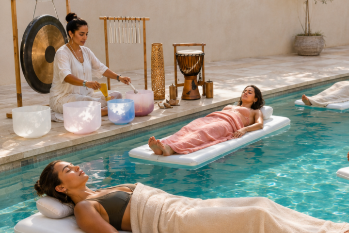 Two women on pool floats relax during sound therapy session beside a gong and drums.