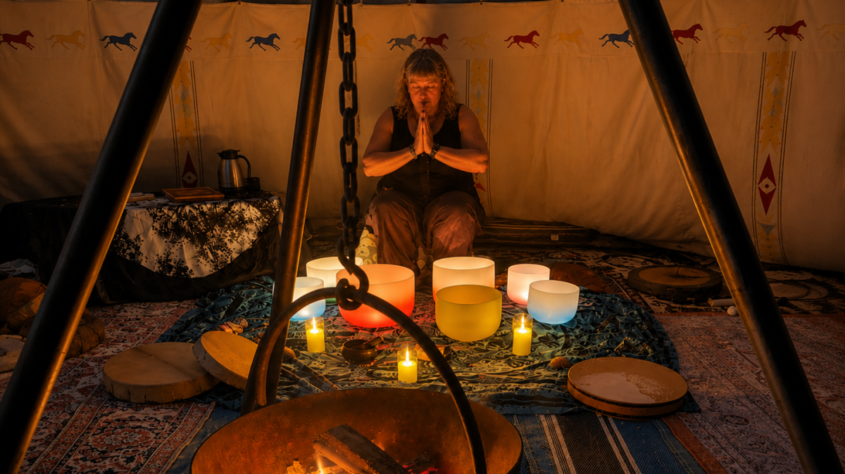 Person meditates with singing bowls inside a tent with a lit fire pit.
