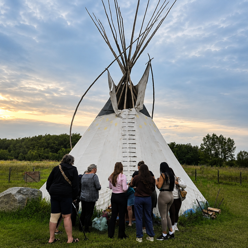 Group of people outside a teepee on a grassy field at sunset.