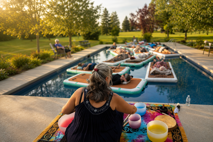 People relax on floats in a pool while a person plays colorful bowls on the side.