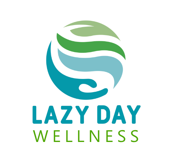 Lazy Day Wellness logo with blue and green circular wavy design.