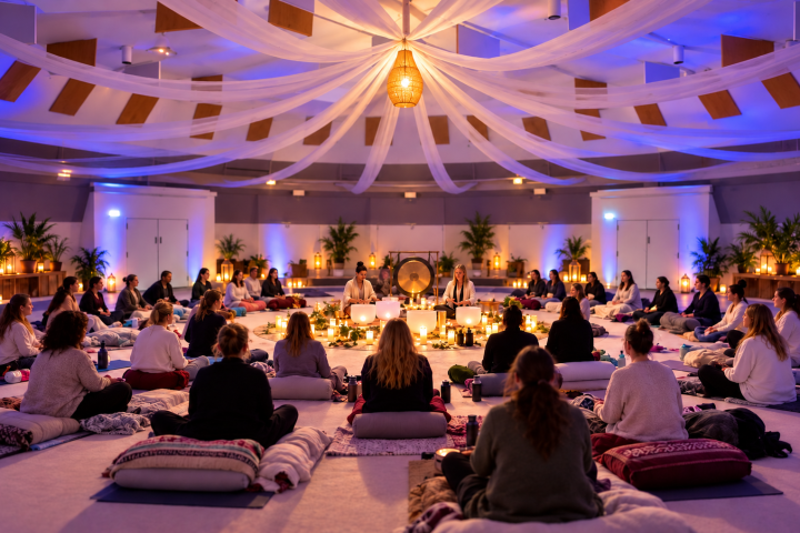 People seated in a circular setup for meditation under draped ceiling with warm lighting.