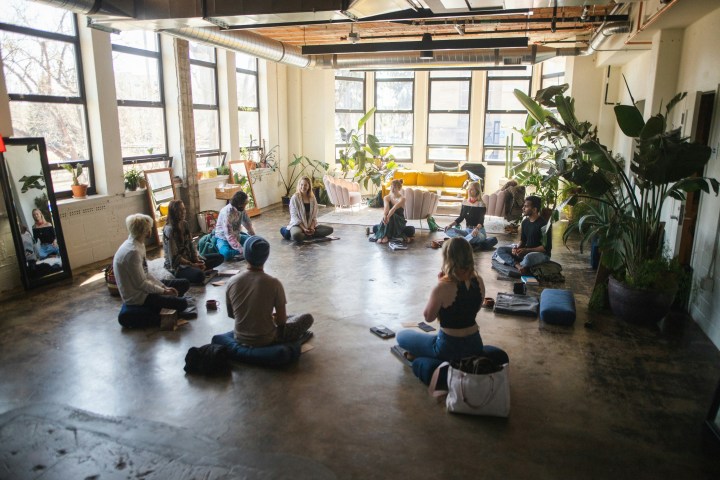 People sitting in a circle on yoga mats in a sunlit room with plants.