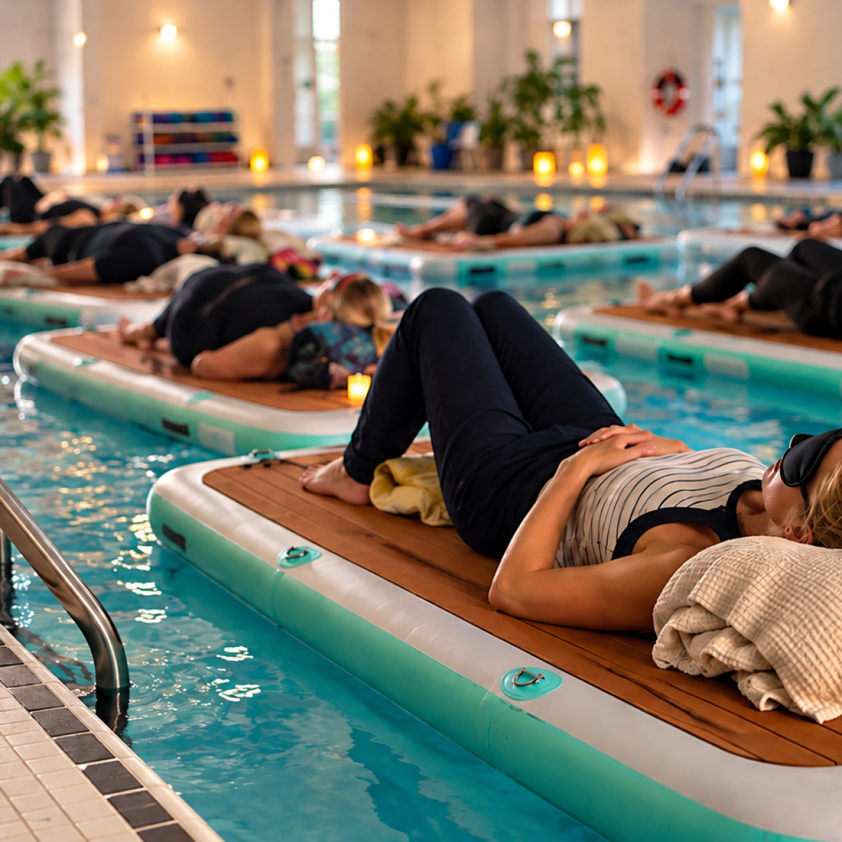 People relaxing on floating mats in an indoor pool, surrounded by candles.