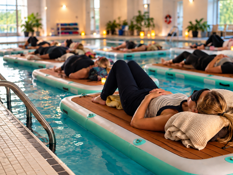 People relaxing on floating mats in an indoor pool surrounded by candles.