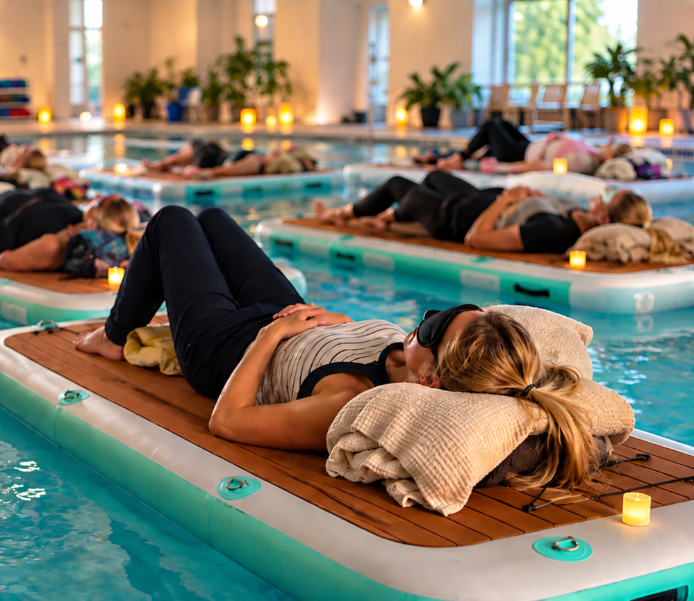 People relaxing on floating mats in an indoor pool with soft lighting.