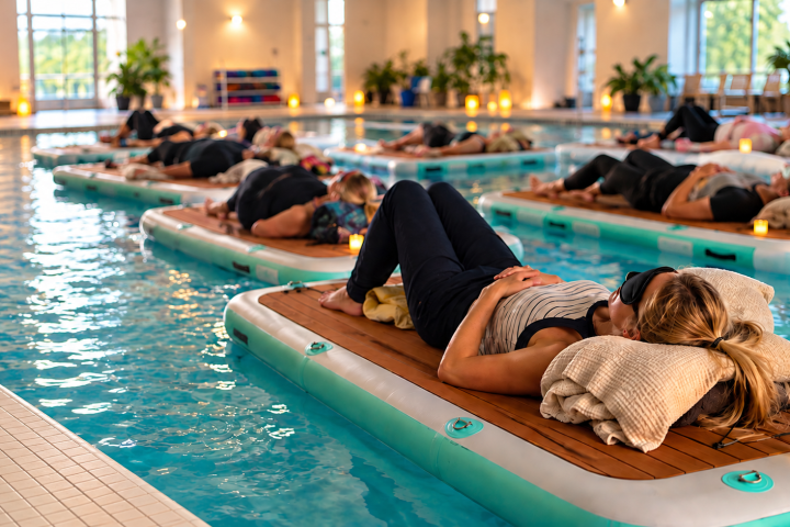 People relaxing on floating mats in an indoor pool with soft lighting.
