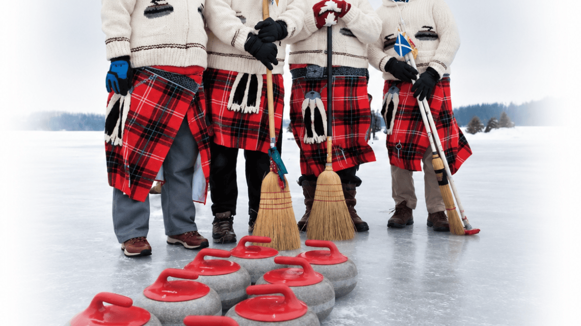 Four people in plaid kilts holding curling brooms on ice with curling stones in front.