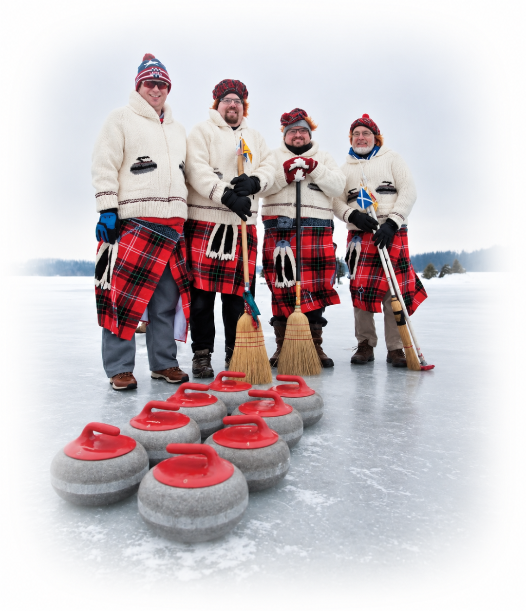 Four people in plaid kilts holding curling brooms on ice with curling stones in front.
