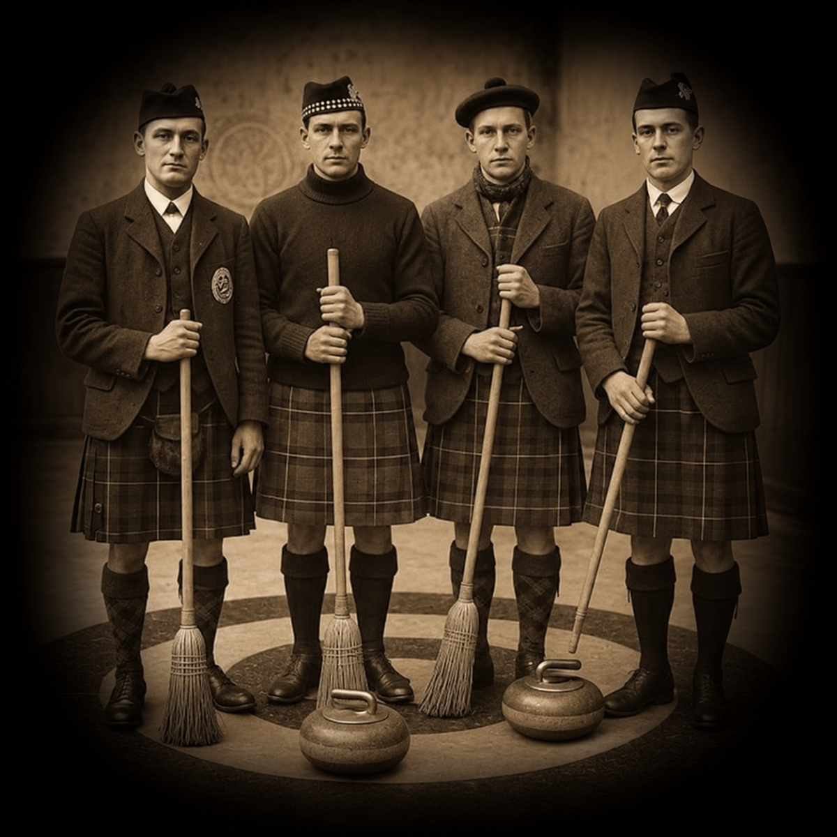 Vintage photo of four men in kilts holding curling brooms.
