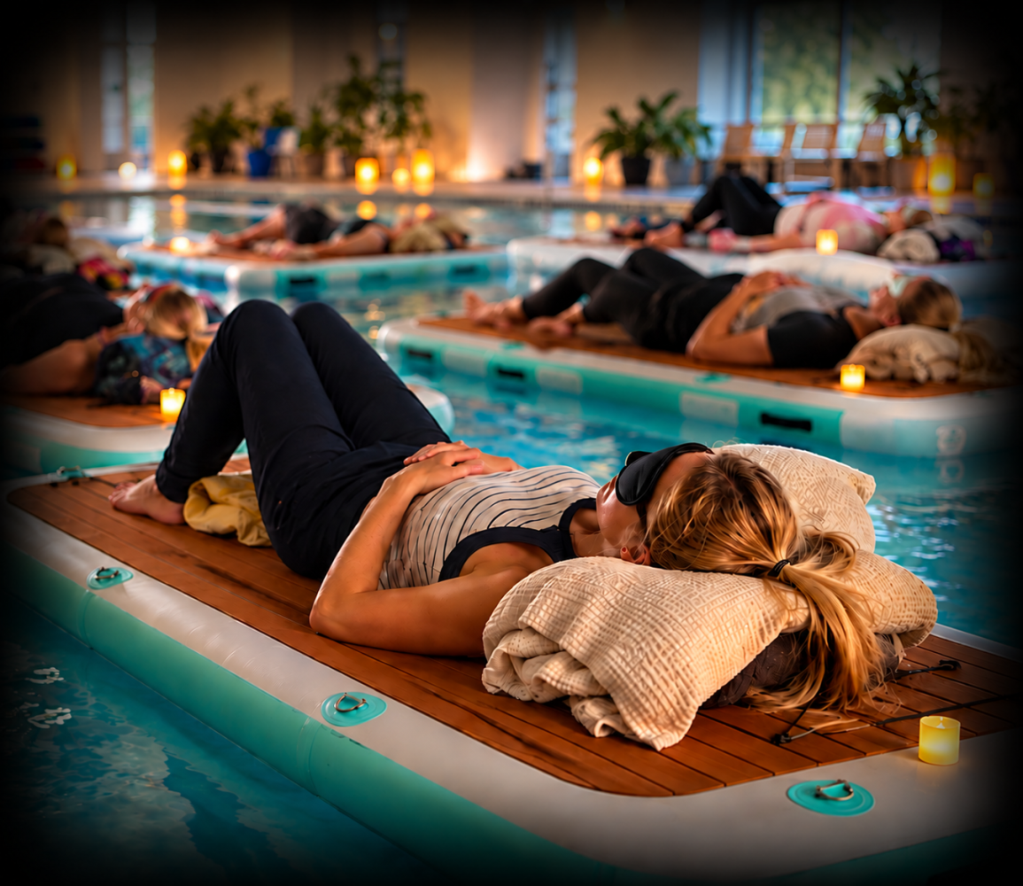 People relaxing on floating mats in an indoor pool with ambient lighting.